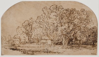 Paisaje con cabañas bajo árboles altos de Rembrandt van Rijn